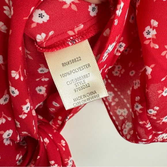 Max Studio Red Floral Tie Waist Angel Sleeve Kimono Style Blouse Size Large - Picture 7 of 11